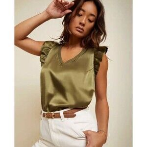 $105 Nation LTD Joey satin v neck green tee top EUC Size XL Made In The USA